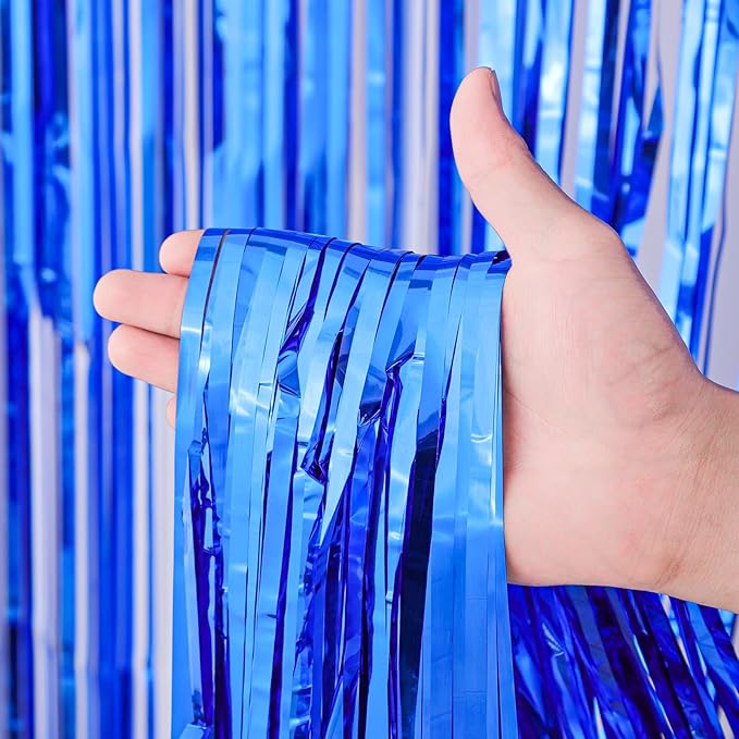 2 Pack Blue Foil Fringe Backdrop Curtains, Tinsel Streamers Birthday Party Decorations, Fringe Backdrop for Graduation, Baby Shower, Gender Reveal, Disco Party
