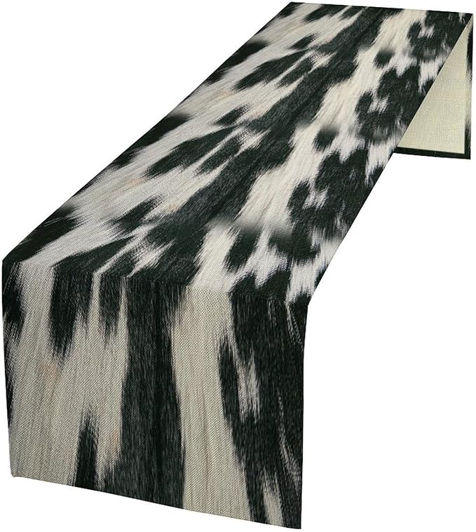 Rustic Cow Skin Print Table Runner, Country Farm Animal Fur Skin Pattern Western Style Brown Cowhide Print Cotton Linen Cottage Dinner Runner for Home Kitchen Dining, 13x90 Inch
