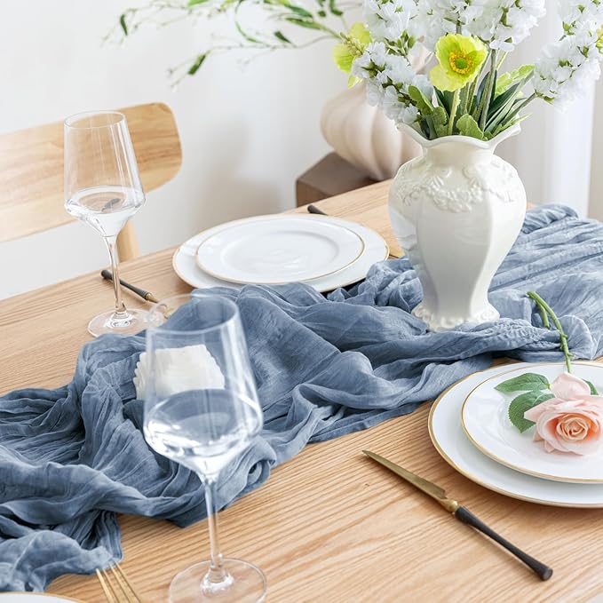 Asee'm 2pcs Cheesecloth Table Runner 120 Inches Dusty Blue Boho Gauze Cheese Cloth Runner 10FT Rustic Sheer Table Runners for Centerpiece Wedding Baby Shower Spring Easter Decoration
