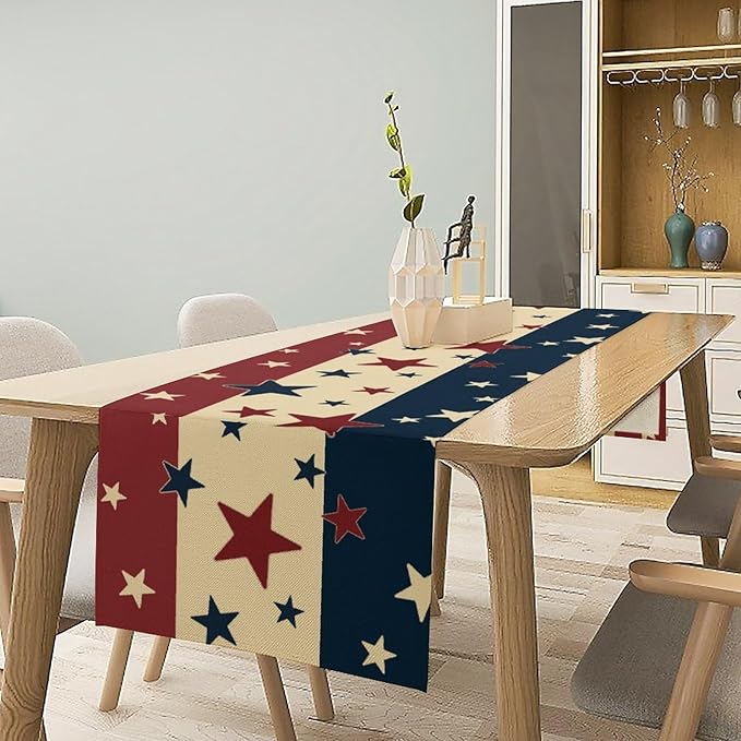 Memorial Day Table Runner, 4th of July American Patriotic Independence Day Stars Stripes Print Table Runne for Summer Holiday USA Home Decoration Party,13x70inch