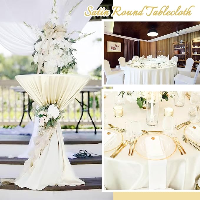 fani 12 Pack 108 Inch Ivory Satin Tablecloth - Premium Bright Silky Round Tablecloth Overlay Smooth Fabric Table Cover, Table Decoration for Wedding Party Banquet Events Restaurant Kitchen Dining