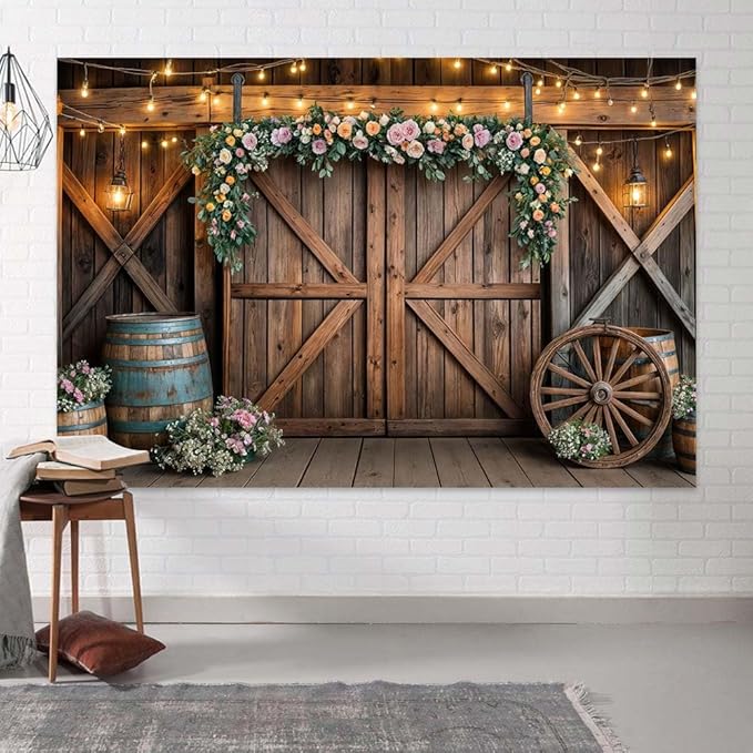 12x10ft Country Wedding Photography Backdrop Rustic Barn Door Photography Backdrop Farmhouse Pink Flower Cabin Wooden Birthday Baby Shower Wedding Bridal Party Banner Photo Booth Props Background