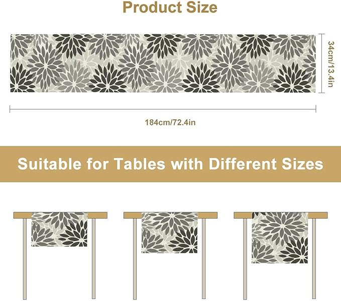 Gray Dahlia Flower Table Runner, Vintage Modern Linen Geometric Pattern Floral Table Runner Spring for Farmhouse Kitchen Dining Party Holiday Party, 13x70 Inch