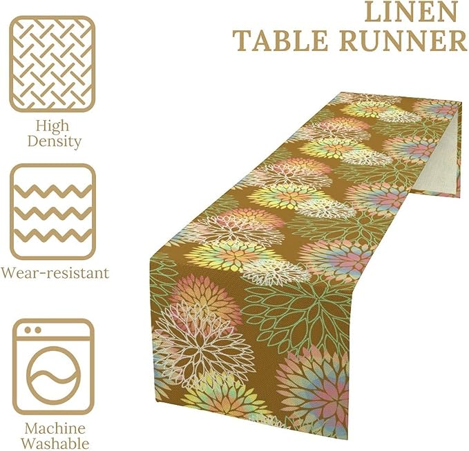 Brown Grey Dahlia Flower Table Runner, Linen Geometric Pattern Floral Table Decor Spring Farmhouse Decorations for Kitchen Dining Holiday Party Decor, 13x90 Inch