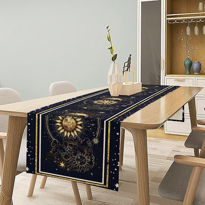 Sun Moon Table Runner, Seasonal Golden Sun Moon Holiday Kitchen Dining Table Runner for Kitchen Living Room Home Party Decor 13x120 Inch