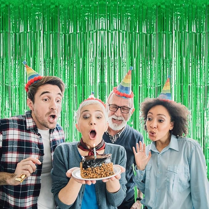 BTSD-home 10 Pack Green Foil Fringe Curtain, Metallic Photo Booth Backdrop Tinsel Door Curtains for St Patricks Day Birthday Bridal Baby Shower Bachelorette Christmas Party Decorations(8ft x 3ft)