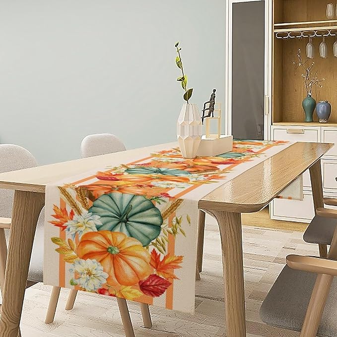 Autumn Table Runner,Orange Pumpkin Flowers Leaves Fall Table Runners Seasonal Kitchen Dining Table Decor for Thanksgiving Harvest Home Holiday Party 13x90 Inch