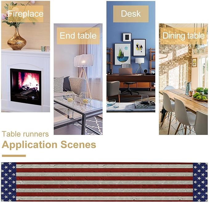 American Flag Table Runner, 4th of July USA Rustic Vintage Wooden Blue Red Stars Stripes Print Table Runner for Farmhouse Kitchen Dining Table Decor, 13x120inch