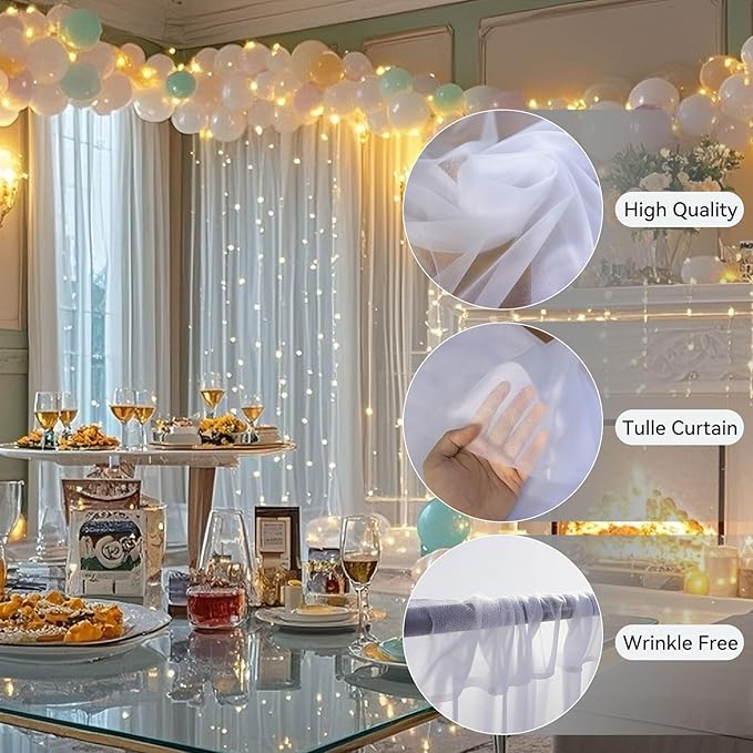 Ledido 10×8ft Tulle Backdrop Curtains with Lights String - 300LED Fairy Lights Sheer Curtain Backdrop for Weddings Baby Shower and Birthday Party Decorations(6 Panels 5×8ft)