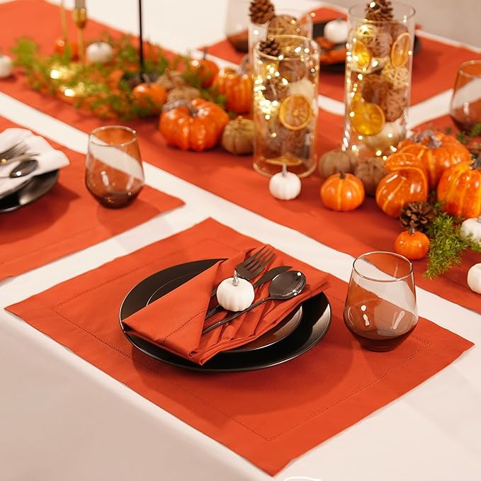 Pumpkin Table Runner 48 Inch– Cotton Linen Hemstitch Farmhouse Table Runner 14x48 – Washable Fabric for Dining, Fall, Halloween, Thanksgiving, Spring, Summer, Wedding, Everyday Décor– Serena