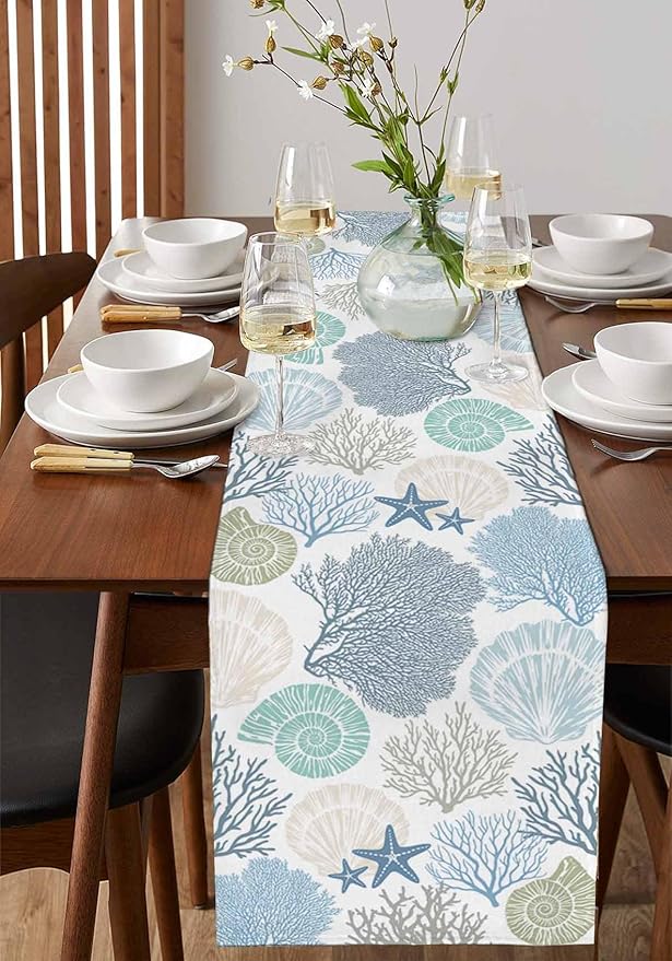 Coastal Coral Cotton Linen Table Runner for Dining Kitchen, Wedding Outdoor Party Tablerunners Decoration, Blue Nautical Starfish Ocean Shell Beach Dresser Scarf Coffee Tablecloth Runners 13x36 Inches