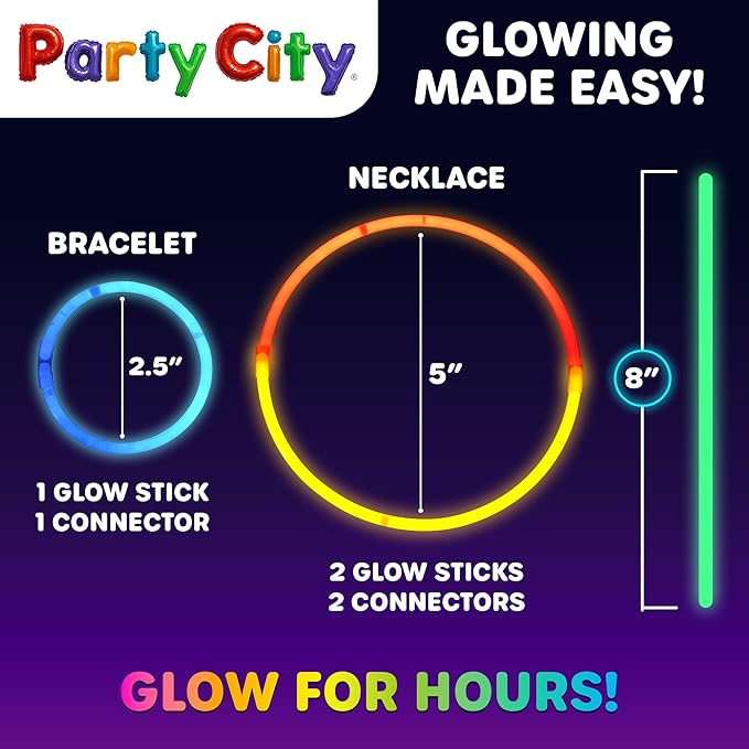 Party City 400 Glow Sticks Bulk Party Pack 8”– Neon Glow in the Dark Party Supplies, Glowsticks with Connectors Bracelets & Necklaces, Light Up Favors for Kids, Adults, Birthdays, Parties, Decorations