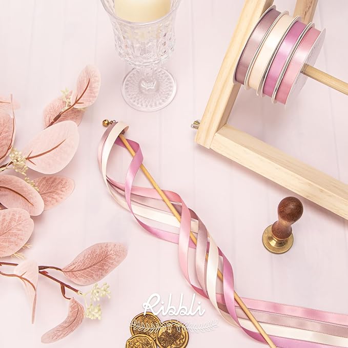 Ribbli Dusty Rose Satin Ribbon 3/8 Inch x 4 Rolls Total 40 Yards- Champagne Pink/Rose Gold/Rosy Mauve/Mauve Ribbon for Wrapping and Craft
