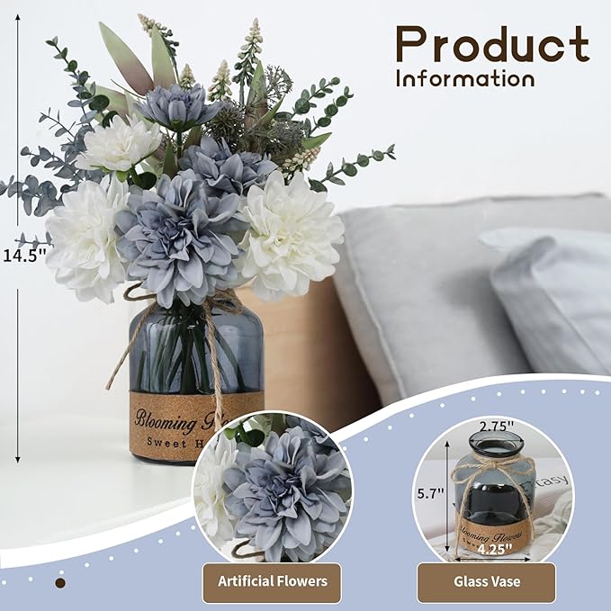 Fake Flowers with Vase,Silk Artificial Flowers in Vase,Fake Plants and Faux Flower Arrangement for Centerpiece Kitchen Table Decorations,Home Decor