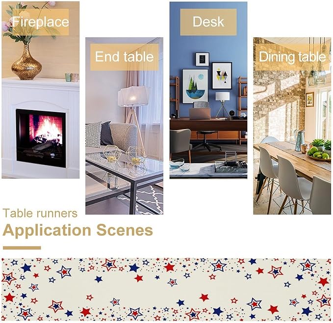 4th of July Table Runner, American Stars Patriotic Independence Day Table Runner for Indoor Outdoor Party Home Kitchen Dining Table Decor, Blue Red, 13x36inch
