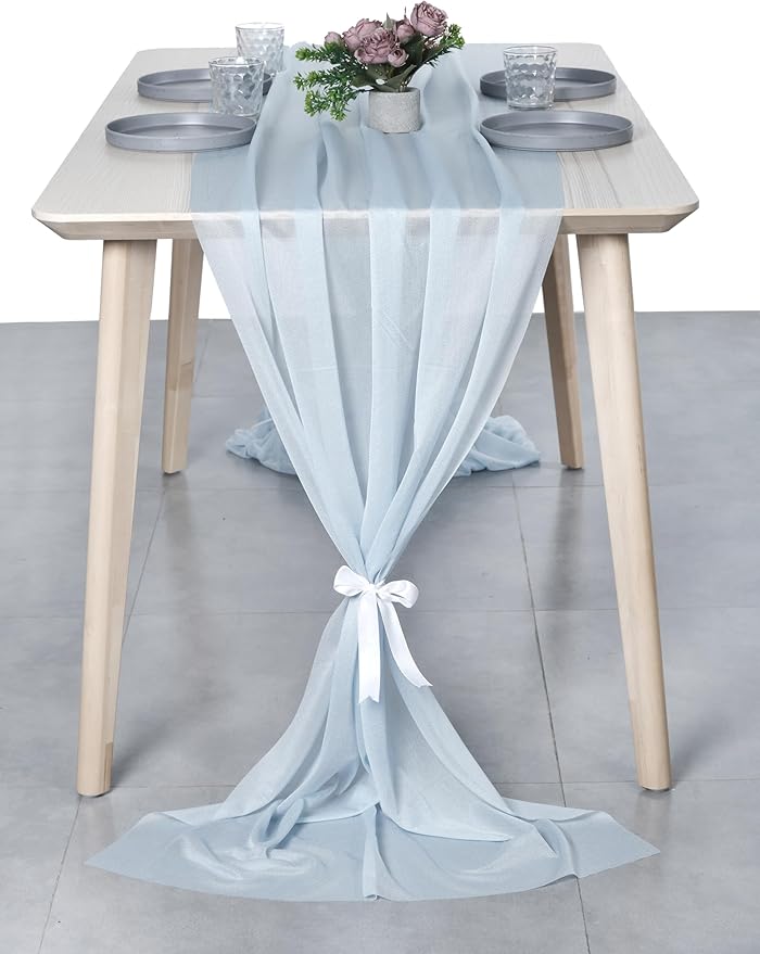 MDS 15 Pack 10ft Chiffon Table Runner 29 x 120 Inches Sheer Wedding Runner Romantic Rustic Table Runner for Wedding Decorations, Birthday Parties, Bridal Shower Party Arch Decor - Baby Blue