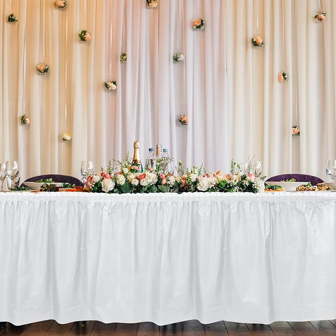 TURSTIN 6 Pieces White Plastic Table Skirts 14 Feet x 29 Inch for Rectangle Tables Fitted Tablecloth Disposable Table Cover for Birthday Party, Events, Banquette Baby Shower
