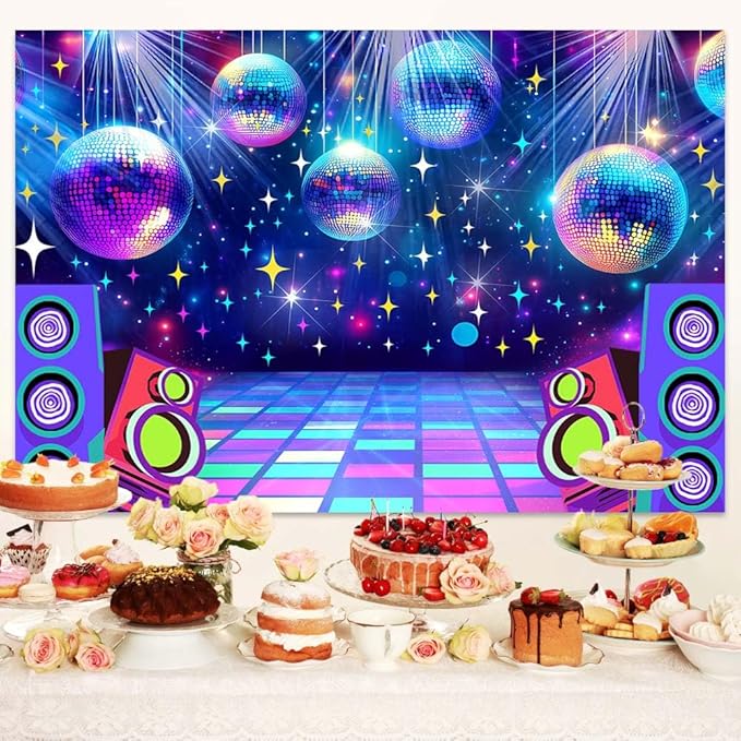 Dance Party Backdrop Retro 80s 90s Theme Stage Dance Ball Music Birthday Party Decoration DJ Photography Background 8 x 6 ft for Baby Shower Picture Photo Shoot Polyester Fabric,Multi1