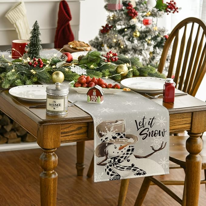Artoid Mode Grey Snowman Snowflake Let it Snow Christmas Table Runner, Seasonal Winter Kitchen Dining Table Decor for Home Party Indoor 13x108 Inch