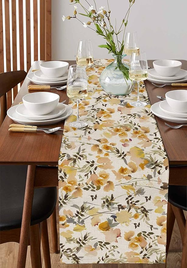 Vintage Orange Flower Cotton Linen Table Runner for Dining Kitchen, Wedding Outdoor Party Tablerunners Decoration, Farmhouse Botanical Floral Retro Dresser Scarf Coffee Tablecloth Runners 13x72 Inches