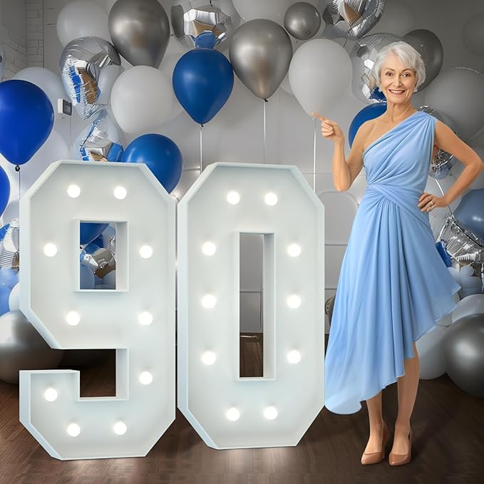 Marquee Numbers 4 Feet Tall Big Light Up Numbers 90th Birthday Decorations Women Men White Anniversary Party Decor Large Cardboard Prop Backdrop Sign 90
