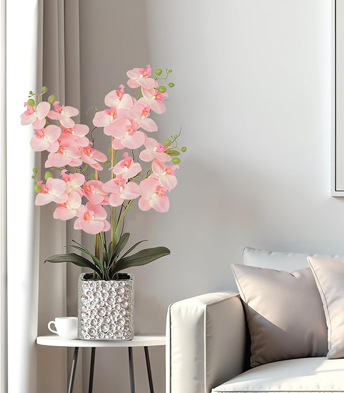 Orchid Artificial Flowers with Sliver Vase Large Silk Faux Phalaenopsis Flowers for Dining Room Table Floral Centerpieces Indoor Decoration,Pink