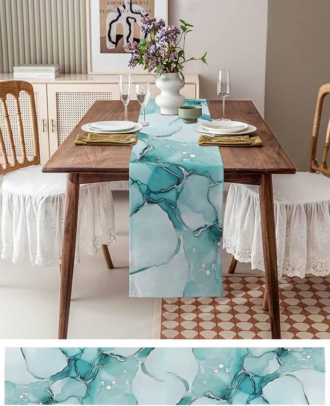 Turquoise Marble Cotton Linen Table Runner for Dining Kitchen, Wedding Outdoor Party Tablerunners Decoration, Nature Marble Crack Country Retro Dresser Scarf Coffee Tablecloth Runners 13x108 Inches