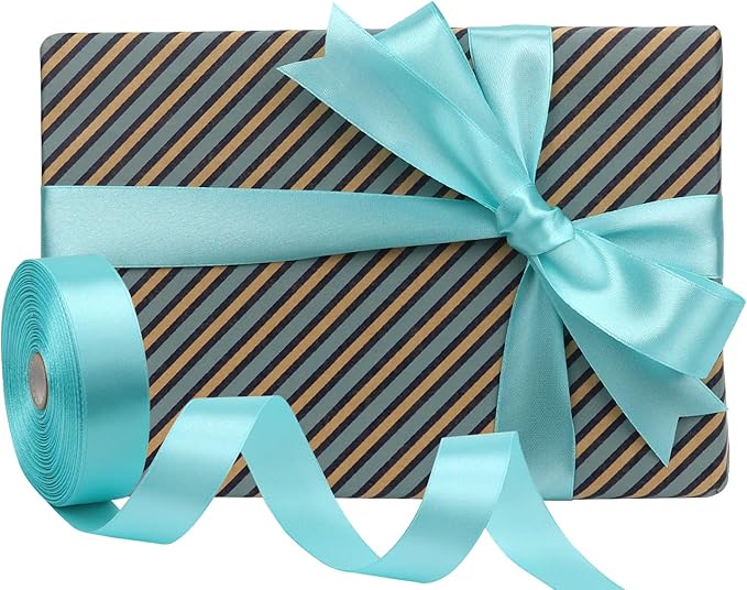 Lake Blue Solid Satin Ribbon 1 Inch 50 Yards Solid Polyester Fabric Ribbon for Gift Wrapping Wedding Christmas Baby Shower Birthday Party Decoration Handmade Immortal Flower Craft