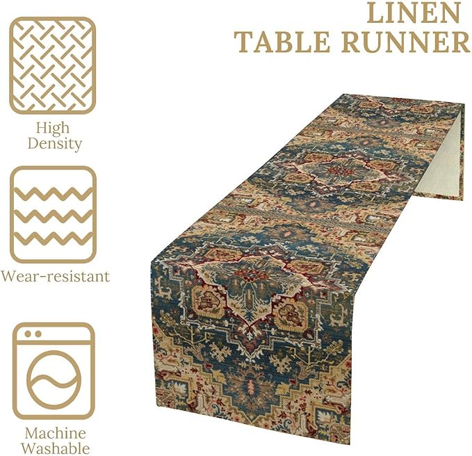 Boho Bohemia Style Table Runner, Country Rustic Farmhouse Vintahe Colorful Geometry Print Table Runner for Home Kitchen Dinner Party Holiday Decor, 13x108inch