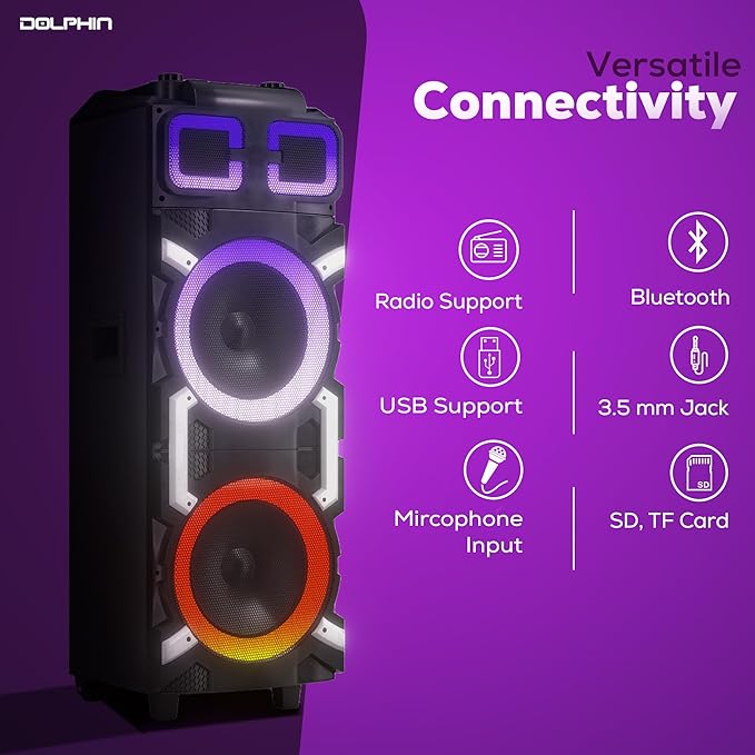 Dolphin High-Power Portable Party Bluetooth Speaker – Wooden Cabinet, X-BASS, LED Lights, Wireless Microphone – Ideal for Parties, Tailgating, and Events