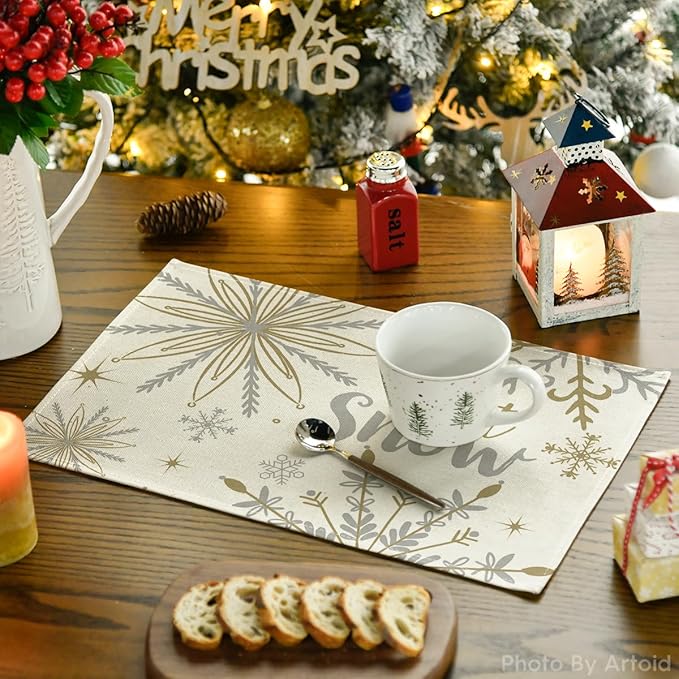 Artoid Mode Beige Snowflake Let It Snow Winter Placemats Set of 4, 12x18 Inch Seasonal Christmas Table Mats for Party Kitchen Dining Decoration