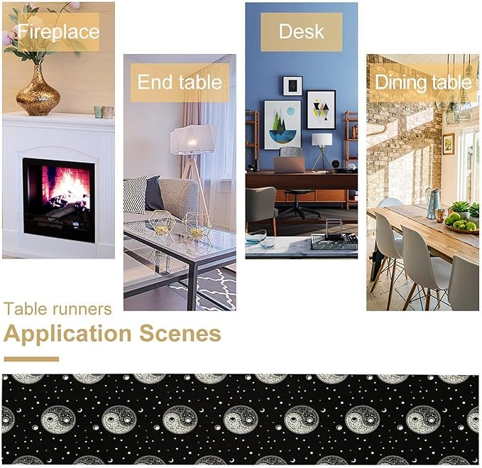 Mystical Celestial Table Runner, Vintage Bohemian Black Yin Yang Symbol Moon Stars Print Table Runner for Office Kitchen Dining Wedding Party Home Coffee Table, 13x90inch