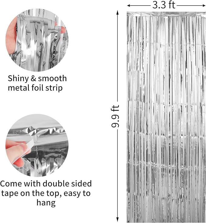 Crosize 2 Pack 3.3 x 9.9 ft Silver Foil Fringe Backdrop Curtain, Streamer Backdrop Curtains, Streamers Birthday Party Decorations, Tinsel Curtain for Parties, Photo Booth Backdrops, Party Décor