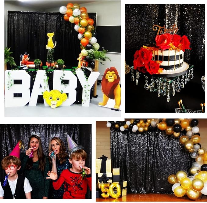 Poise3EHome Black Sequin Backdrop Curtains,4 Panels 2FTx8FT Glitter Background for Halloween Birthday Party Wedding Christmas Thanksgiving Holiday Festival Decor