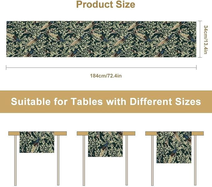 Peacock Table Runner,Retro Floral Plants Peacock Table Runner for Home Kitchen Dining Party Indoor Outdoor Decoration 13x36 Inch