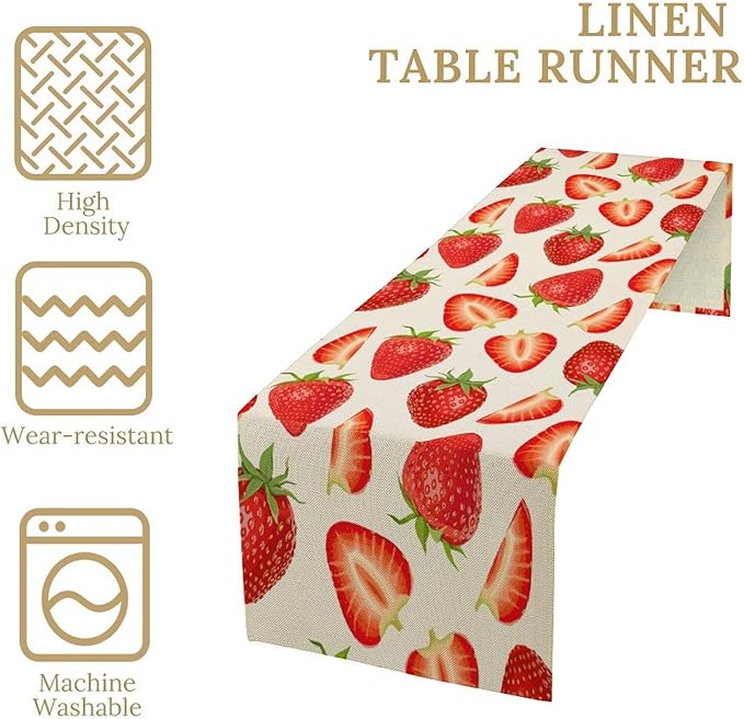 Strawberry Table Runner Spring Summer Wild Berry Fruit Theme Dinner Runner for Girl Baby Shower Party Holiday Home Kitchen Dining Table Decor 13x60