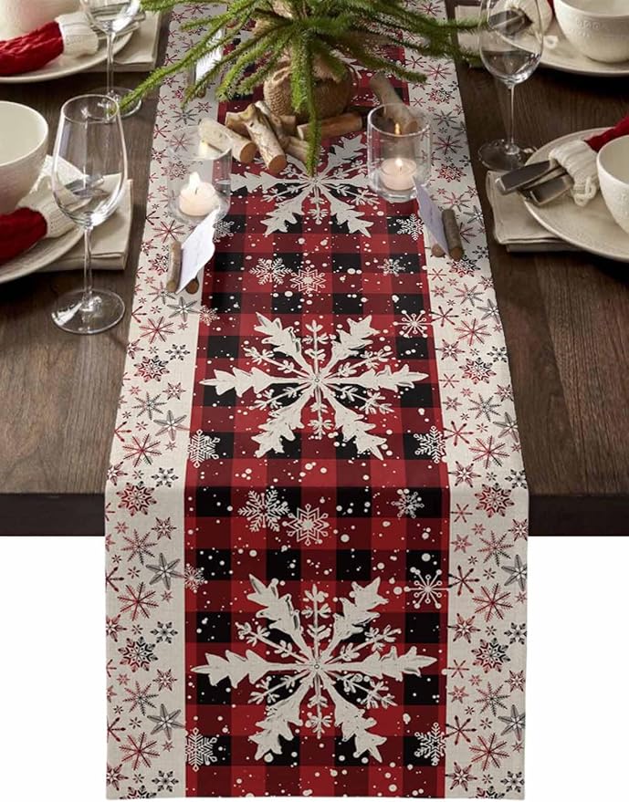 Buffalo Plaid Christmas Cotton Linen Table Runner for Dining Kitchen, Snowflake Red Black Check Wedding Outdoor Party Tablerunner Decoration, Retro Dresser Scarf Coffee Tablecloth Runners 13x36 Inches