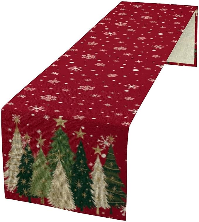 Merry Christmas Table Runner,Red Christmas Tree Snowflake Winter Seasonal Table Cloth Kitchen Dining Table Decoration for Home Party Decor 13x70 Inch