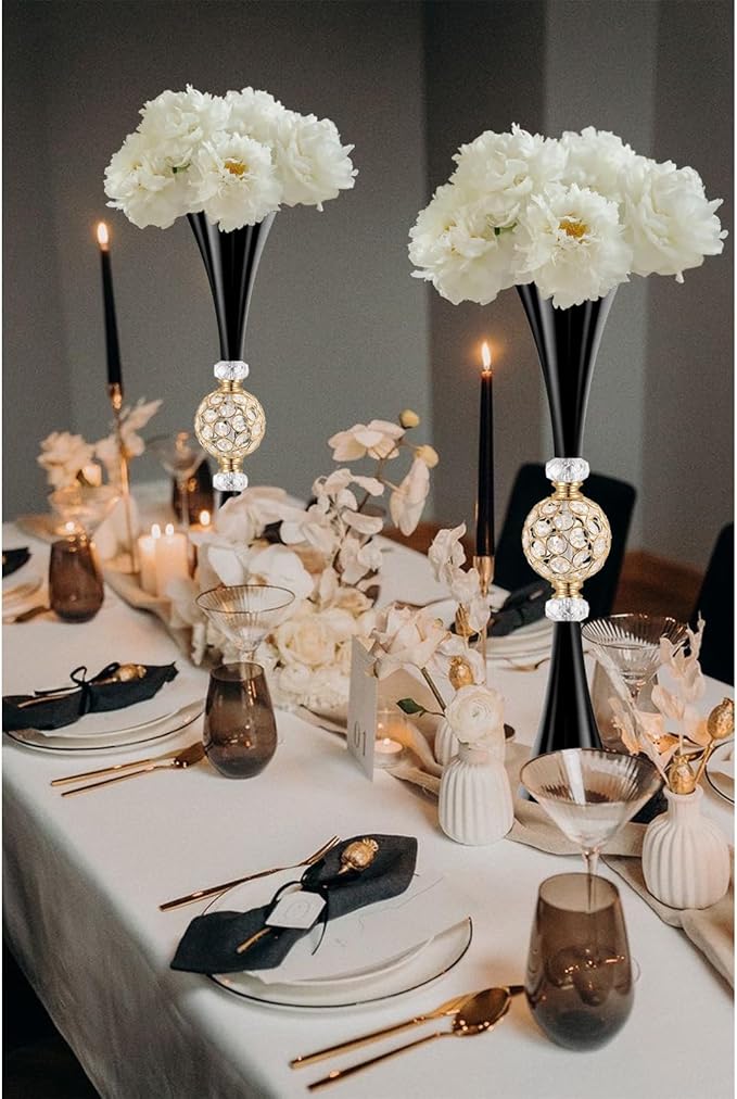 VIJIV Black Crystal Flower Vases for Centerpieces Tables - Tall Trumpet Vase for Bouquet Decorative, Dining Table Décor Flower Stand with Ribbed Texture for Events, Bridal Showers & Boho Weddings