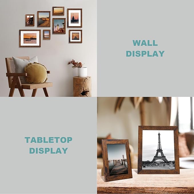 11x14 Picture Frame Set of 4 with Tempered Glass, Rustic Frame Display 8x10 Pictures with Mat or 11 x 14 Without Mat, Wooden Photo Frames for Wall Mounting