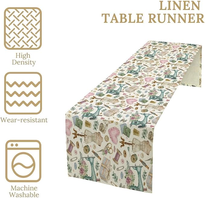 Sewing Theme Table Runner,Vintage Sewing Machine Tool Watercolor Pattern Print Tablecloth Burlap for Hotel Indoors Outdoor Dining Room Kitchen Home Decor,W13X L60 in