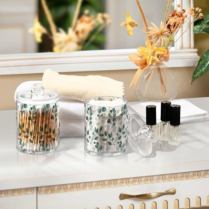 Qtip Holder Dispenser 4 Pack Green Watercolor Floral Leaves Apothecary Jars with Lids Bathroom Vanity Countertop Canister Storage Organizer for Cotton Ball,Swabs,Pads,Floss