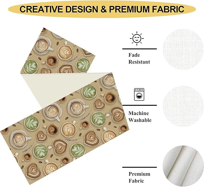 Coffee Theme Table Runner, Farmhouse Retro Brown Coffee Cup Tea Party Rustic Cafe Table Center Decor for Home Kitchen Dining Patio Holiday Party Indoor Outdoor Table Decorations,13"x72" Inch