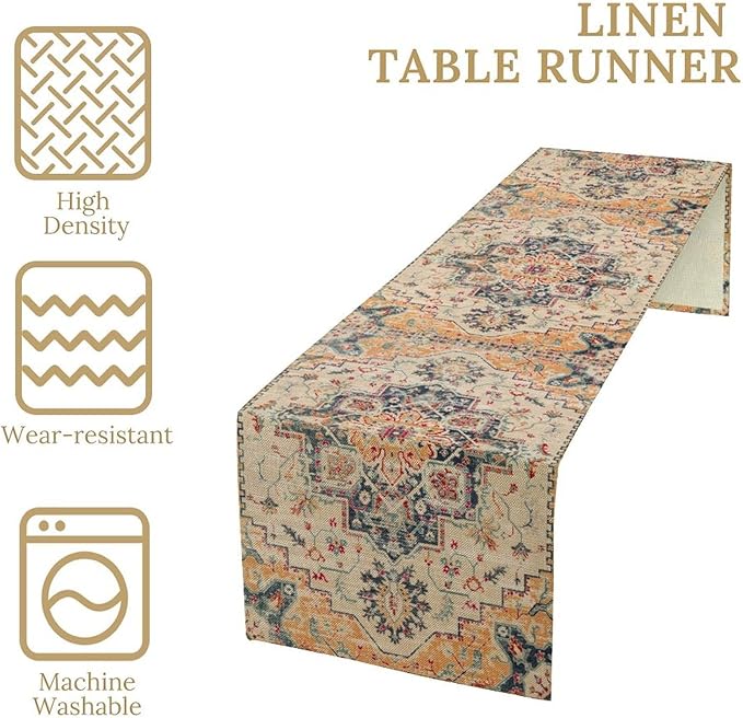 Bohemia Orange Table Runner, Rustic Farmhouse Vintage Geometric Floral Print Table Cover for Home Kitchen Dining Table Party Decor, 13x120inch