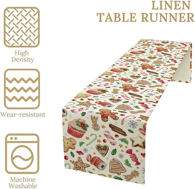 Christmas Table Runner, Christmas Gingerbread New Year Xmas Table Cloth Kitchen Dining Table Decoration for Home Party Decor 13x108 Inch