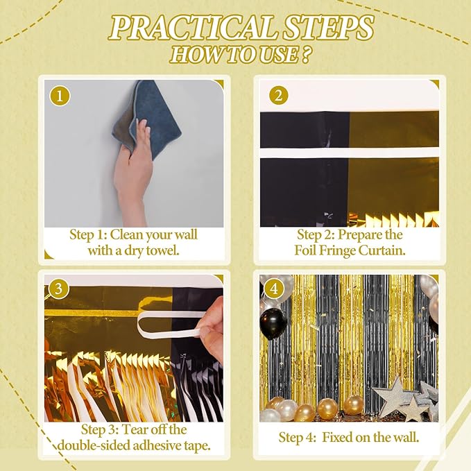 3 Pack Foil Fringe Backdrop - Black&Gold Shiny Tinsel Curtains for Party Decoration/Photo Booth Props - 3.3x8.2 FT Metallic Foil Backdrop for Birthday, Wedding, Graduation, Christmas.
