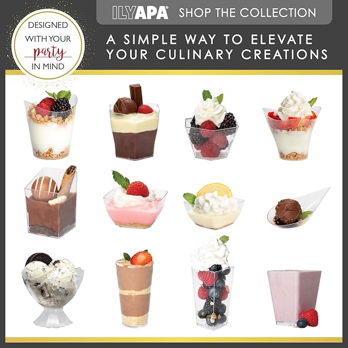 Ilyapa 3oz Plastic Dessert Cups - 100 Pack Mini Dessert Cups with Spoons - Clear Reusable Small Appetizer Cup for Cheesecake Shooters, Chocolate Mousse - Party and Catering Supplies - Square Gold
