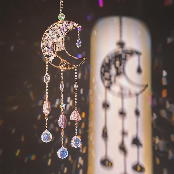 TUOKING Crystal Moon Suncatchers for Window Hanging Tree of Life Natural Healing Stones Wind Chimes Sun Catcher Rainbow Maker Good Luck Gifts Decor for Home Garden