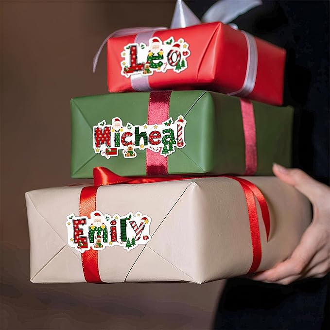 CALLIE Personalized Christmas Stickers with Custom Name, Waterproof Custom Christmas Name Tags Stickers, Peel and Stick Christmas Gift Tags (Santa Claus Elk + Name)