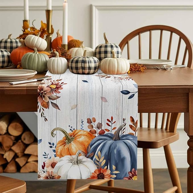 Thanksgiving Fall Cotton Linen Table Runner for Dining Kitchen, Pumpkins Eucalyptus Wedding Outdoor Party Tablerunners Decoration, Farmhouse Wooden Dresser Scarf Coffee Tablecloth Runners 13x60 Inches